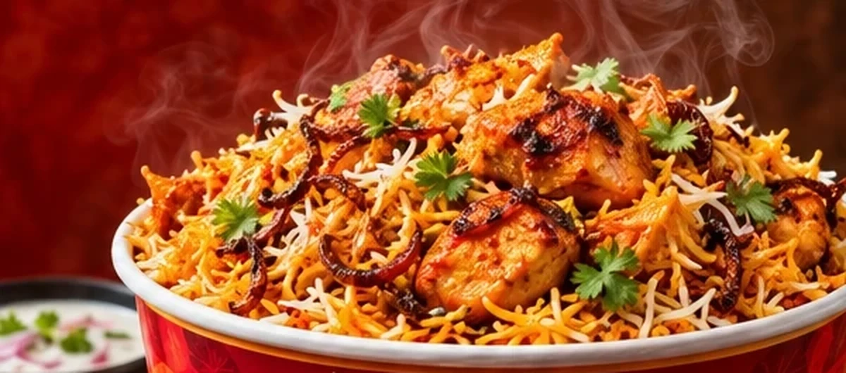 Illustrative South Indian chicken biryani with aromatic rice and spices